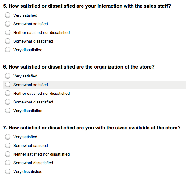 Matrix survey with individual questions