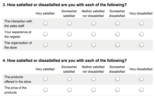 Survey with smaller matrixes