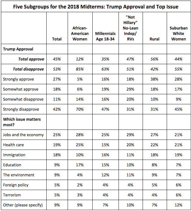 Trump approval and top issues by voter subgroups for 2018 midterms